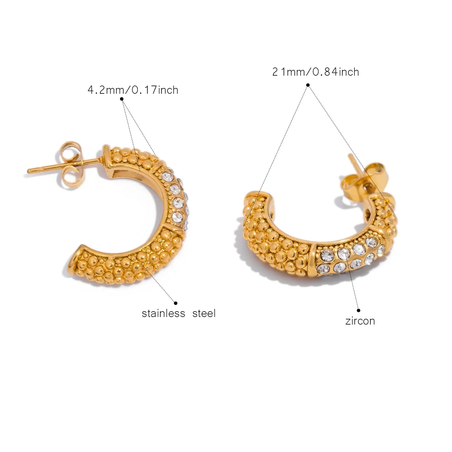 Brincos de aço de titânio com zircônia incrustada estilo francês para mulheres, aço inoxidável polido fino banhado com brinco de ouro 18K