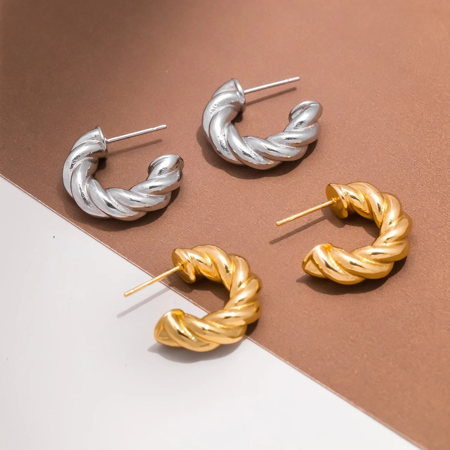 Brincos de argola tecidos com torções duplas simples e criativos para mulheres, joias boutique de aço inoxidável