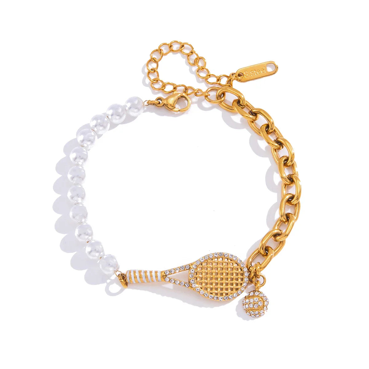 Pulseira de aço inoxidável banhada a ouro 18K com corrente assimétrica de imitação de pérolas e zircônia, modelo raquete de tênis, para mulheres.