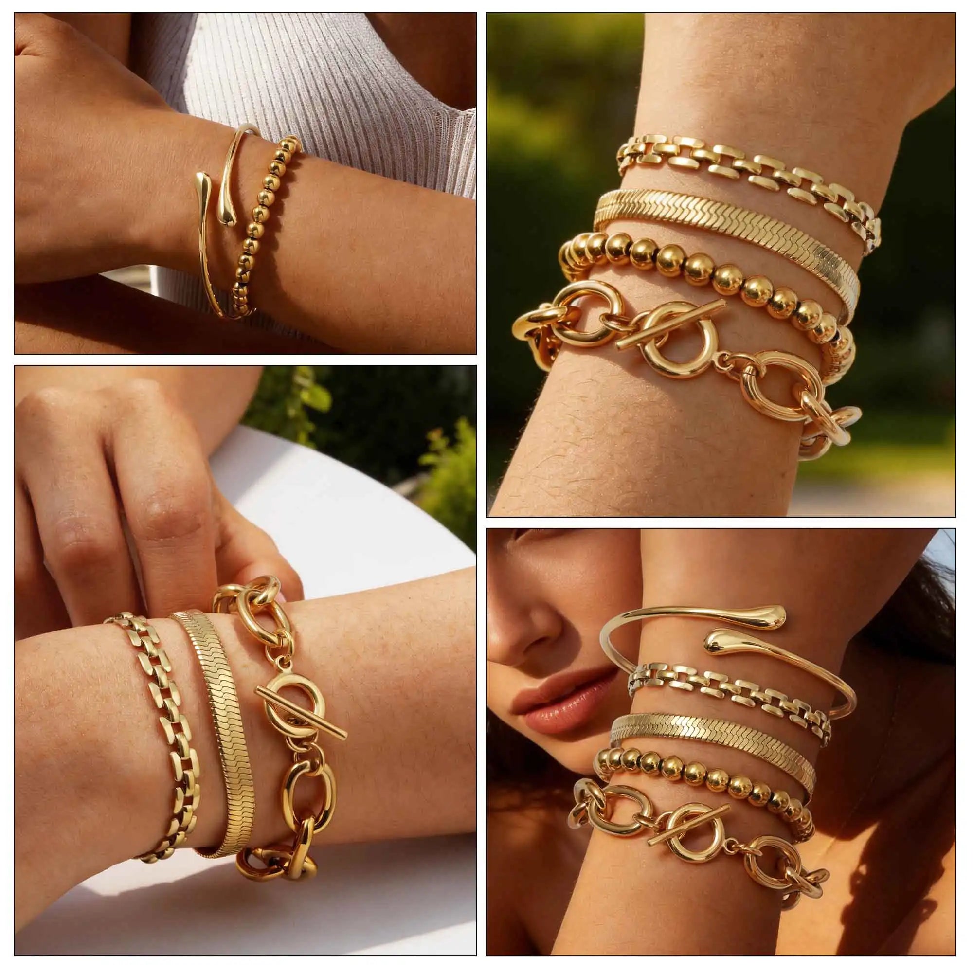 Pulseira de Aço Inoxidável, Corrente Grossa com Fecho T, Bracelete de Malha Oval com Contas, Joia Feminina à Prova d'Água de Camada Única
