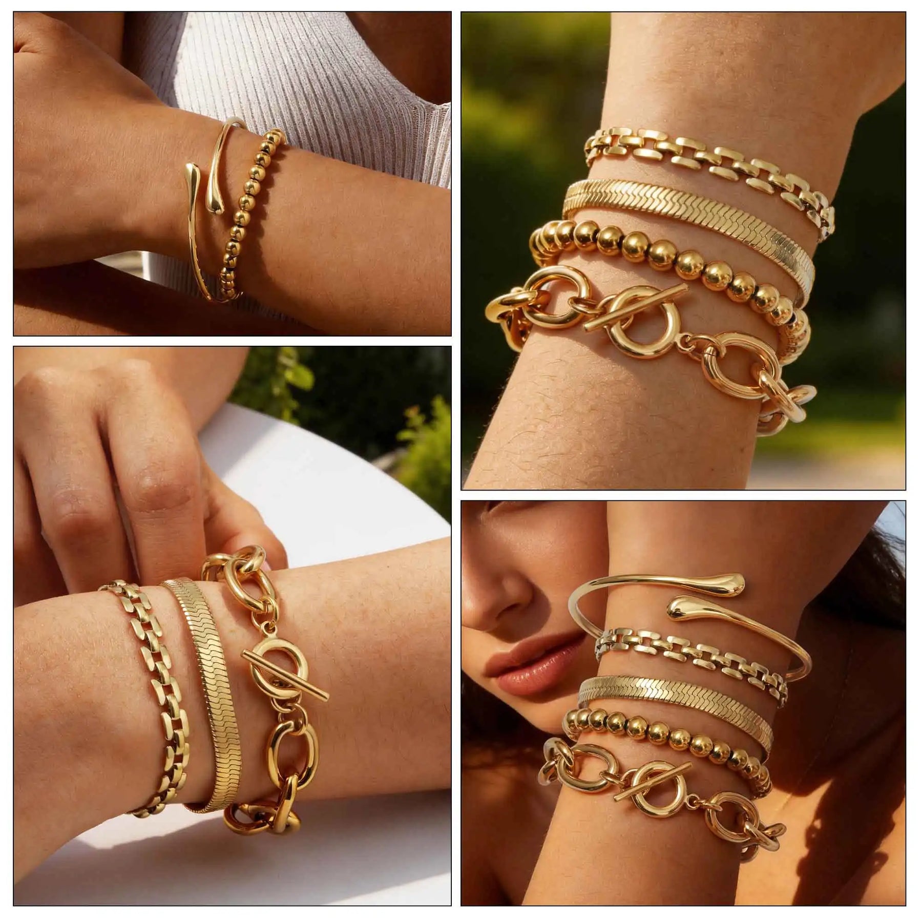 Pulseira de Aço Inoxidável, Corrente Grossa com Fecho T, Bracelete de Malha Oval com Contas, Joia Feminina à Prova d'Água de Camada Única