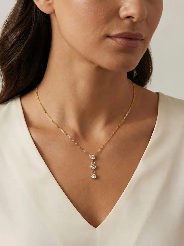 Colar de Pingente de Aço Inoxidável com Três Zircônias, Joias Femininas Brilhantes com Zircônia Cubica AAA, Presente para Festas e Uso Diário