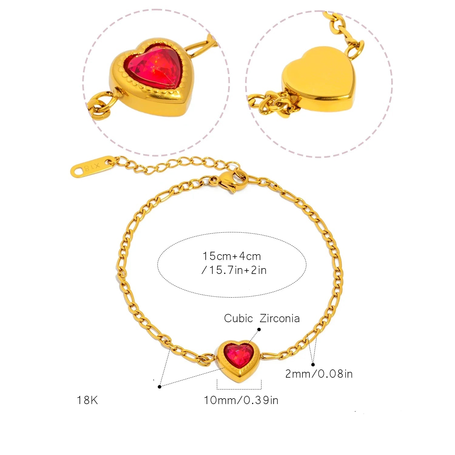 Pulseira de coração de zircônia cúbica rosa para mulheres – aço inoxidável banhado a ouro 18K – presente de corrente delicada hipoalergênica para ela
