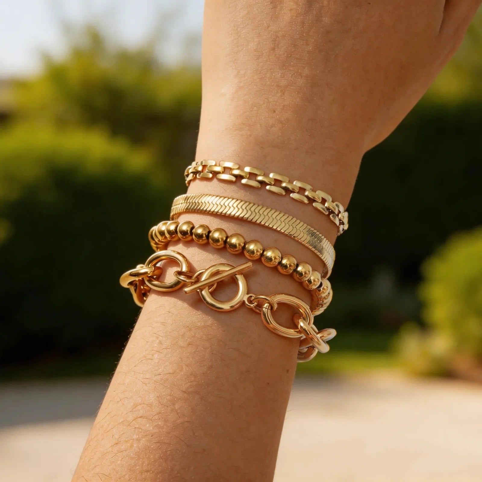 Pulseira de Aço Inoxidável, Corrente Grossa com Fecho T, Bracelete de Malha Oval com Contas, Joia Feminina à Prova d'Água de Camada Única