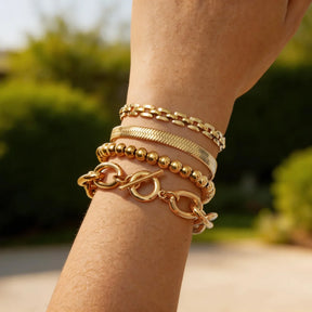 Pulseira de Aço Inoxidável, Corrente Grossa com Fecho T, Bracelete de Malha Oval com Contas, Joia Feminina à Prova d'Água de Camada Única