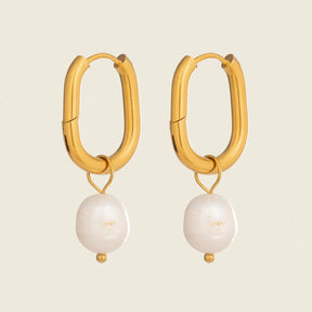 Brinco de Argola Geométrico Elegante c.citybeauty em Aço Inoxidável com Pingente de Pérola Natural para Mulheres, Joia Banhada a Ouro 18K, Presente