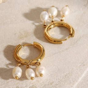 Youthway-Pérolas Brancas Puras de Água Doce Dangle Hoop Brincos para Mulheres, Aço Inoxidável, Anti Alérgico, Elegantes Jóias de Gala