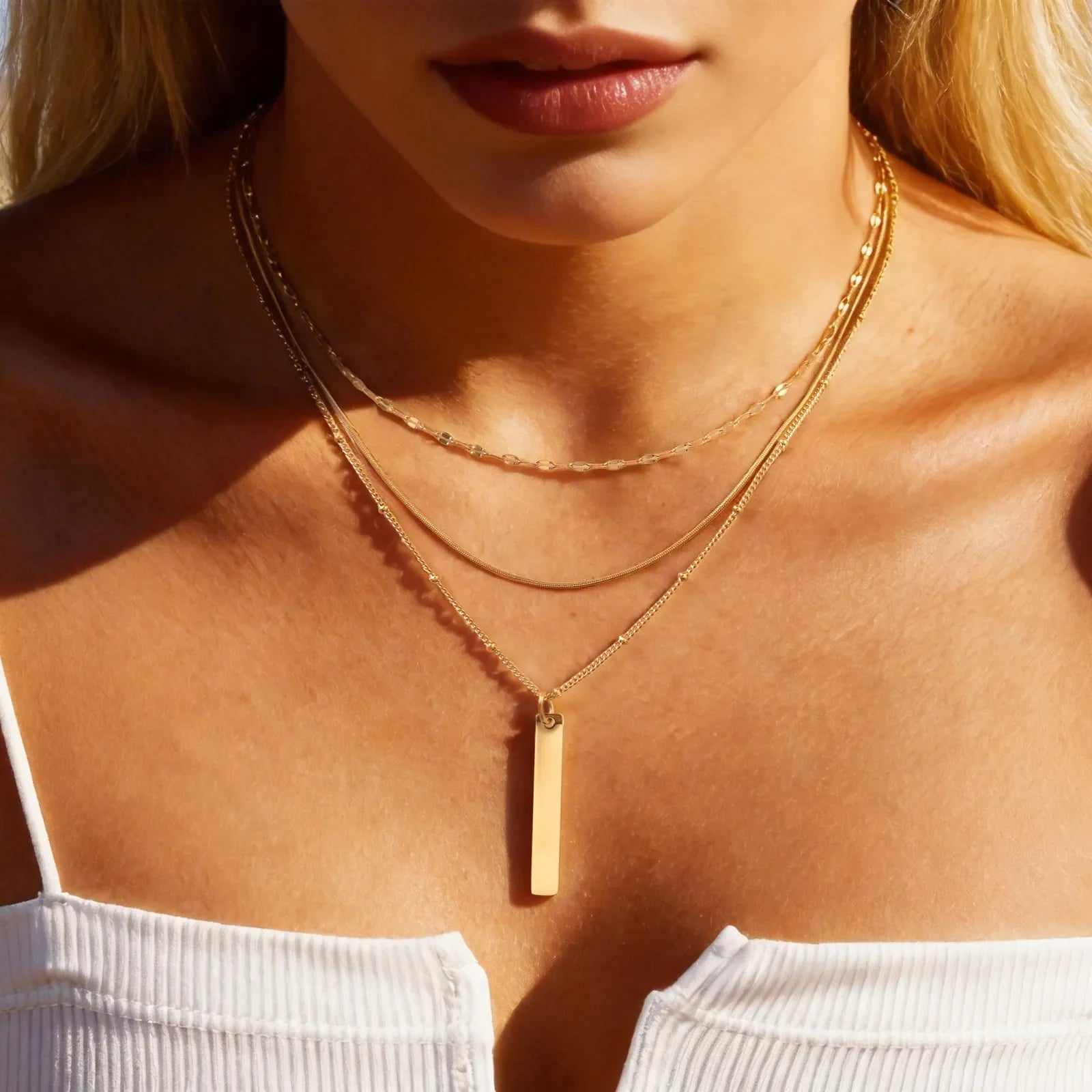 Colar de Pingente Vertical em Camadas para Mulheres, Corrente de Clavícula, Colar Choker, Joias Banhadas a Ouro 18K PVD, à Prova d'Água