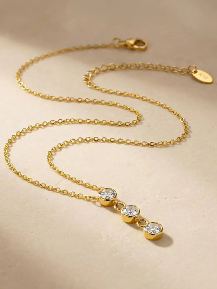 Colar de Pingente de Aço Inoxidável com Três Zircônias, Joias Femininas Brilhantes com Zircônia Cubica AAA, Presente para Festas e Uso Diário