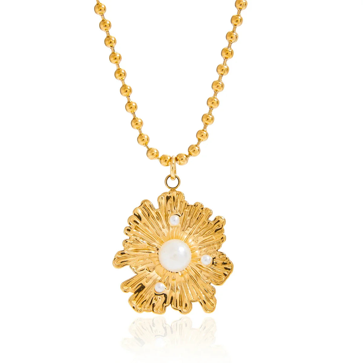 Youthway elegante imitação de pérola colar para mulheres moda 18k banhado a ouro aço inoxidável flor pingente contas corrente colar
