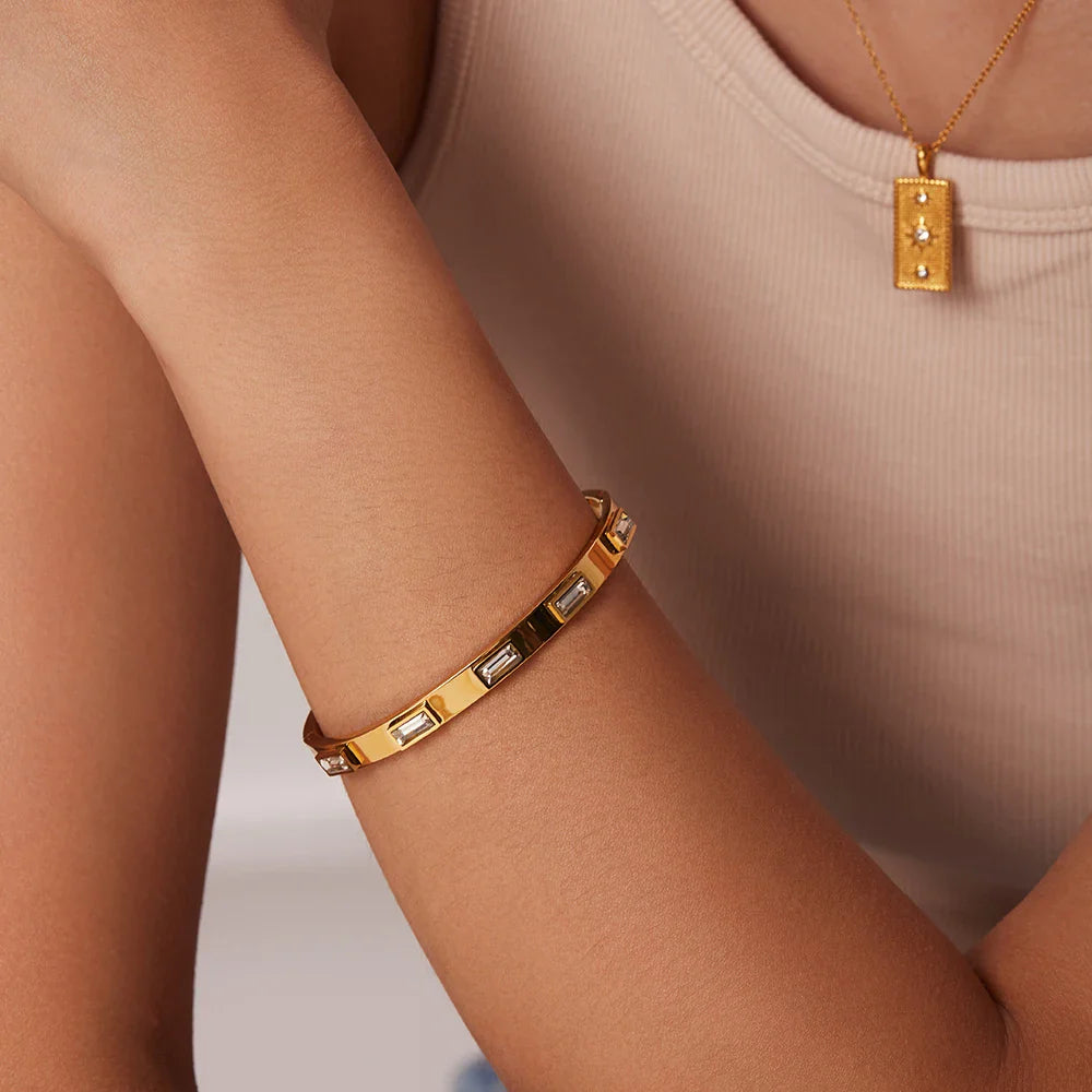 Youthway-Zircônia Cúbica Pulseira de Aço Inoxidável para Mulheres, Não Ajustável, Luxo Requintado Presente Jóias, Verde e Branco