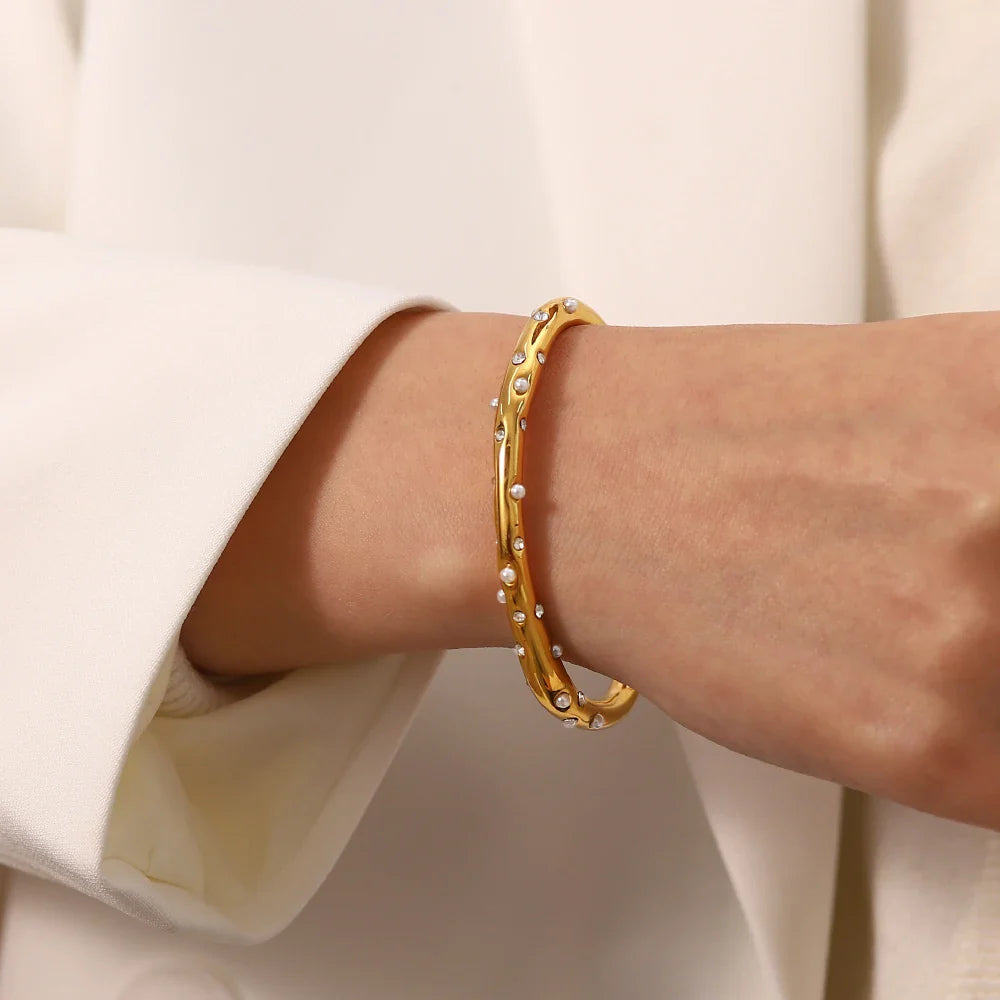 Youthway aço inoxidável pérola zircônia cúbico pulseira geométrica aberto manguito pulseira textura minimalista personalizado jóias