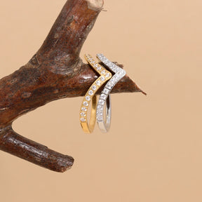 Anel de Moda em Forma de V com CZ para Mulheres, Joia de Casamento em Aço Inoxidável Hipoalergênico e à Prova d'Água